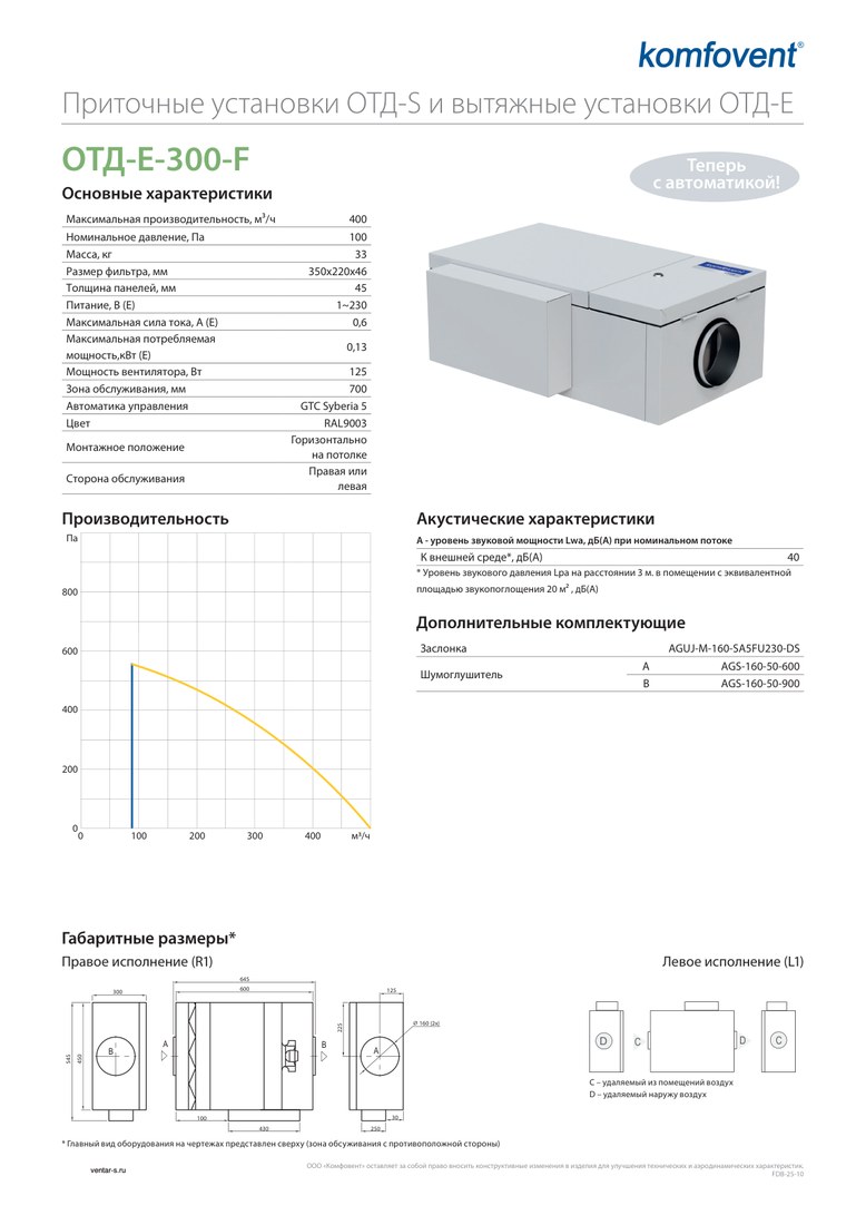 Вытяжная установка Komfovent ОТД-E-300-F (фильтры M5/M5, без автоматики)